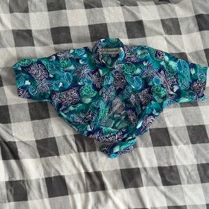 Chaus Petites Blue and Green Seashell Fish Midriff Crop Tie Waist Shirt 🌊 🐠